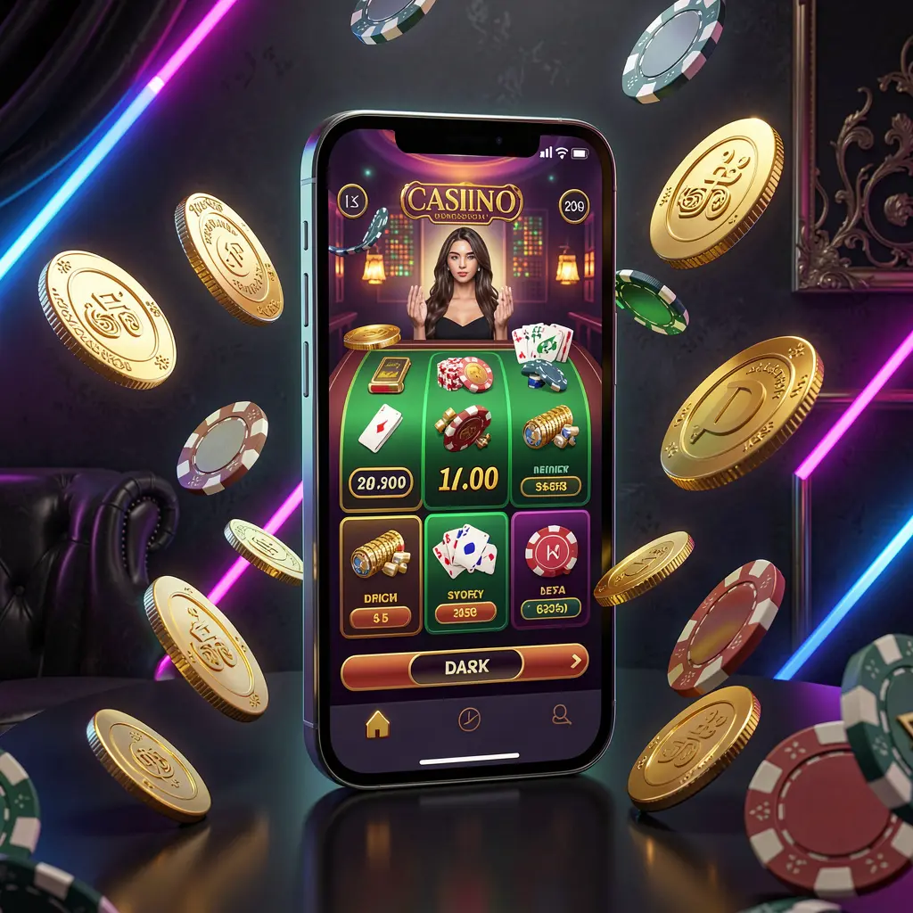 899OK online casino mobile app hero banner featuring a modern smartphone with glowing casino interface, golden coins and poker chips flying around against a dark luxury background with neon accents
