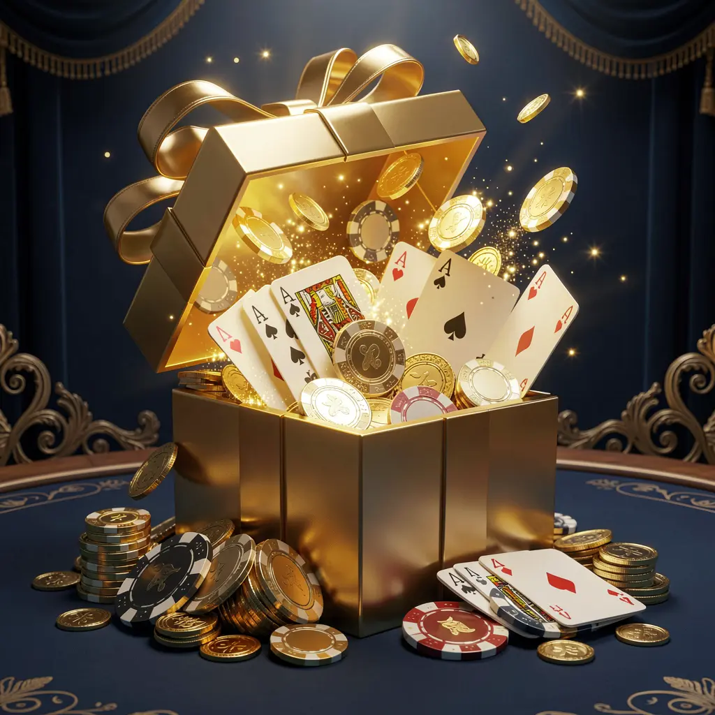A luxurious welcome bonus scene for 899OK online casino featuring an open golden gift box with casino chips, playing cards, and sparkling coins bursting out against a premium dark blue and black background with a bright golden glow in an elegant festive mood