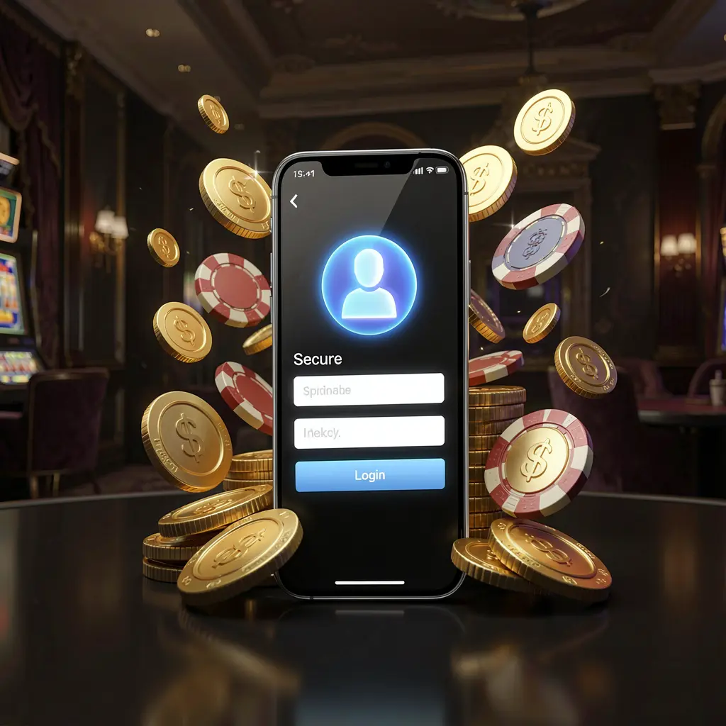899OK online casino login page hero banner featuring a modern smartphone with a secure login screen, glowing user profile icon, golden coins and poker chips surrounding it against a dark luxury background