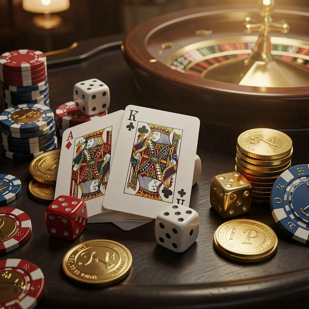 Elegant online casino homepage featuring royal flush cards, dice, golden coins, and poker chips on a dark table with a glowing roulette wheel in the background, showcasing 899OK's luxurious gaming experience